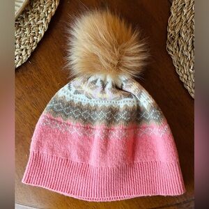 Talbots Salmon Pink and Tan Knit Beanie with Pom-Pom